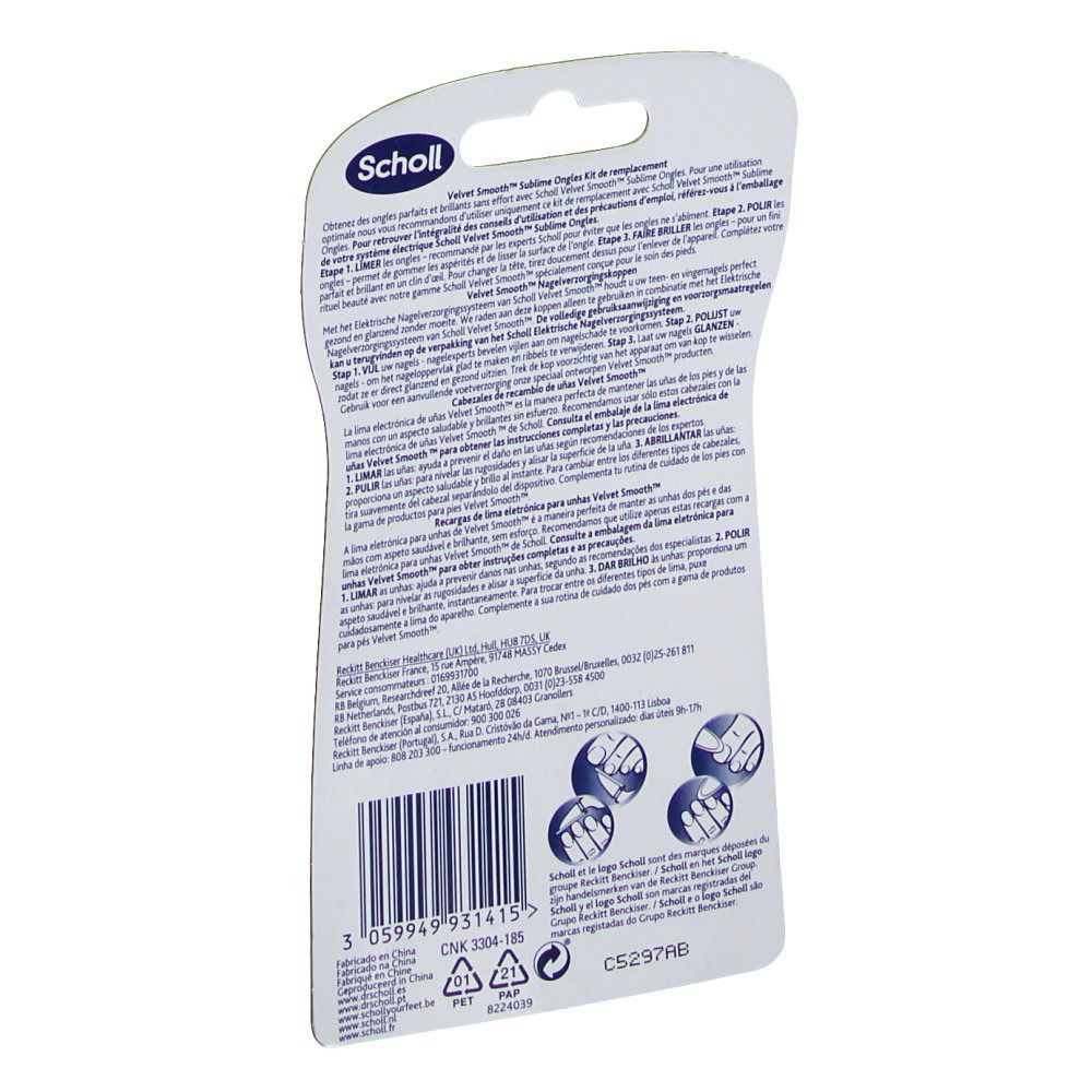 Dos de l'emballage Scholl Velvet Smooth. Informations textuelles, code-barres et logos. Trois symboles d'utilisation.