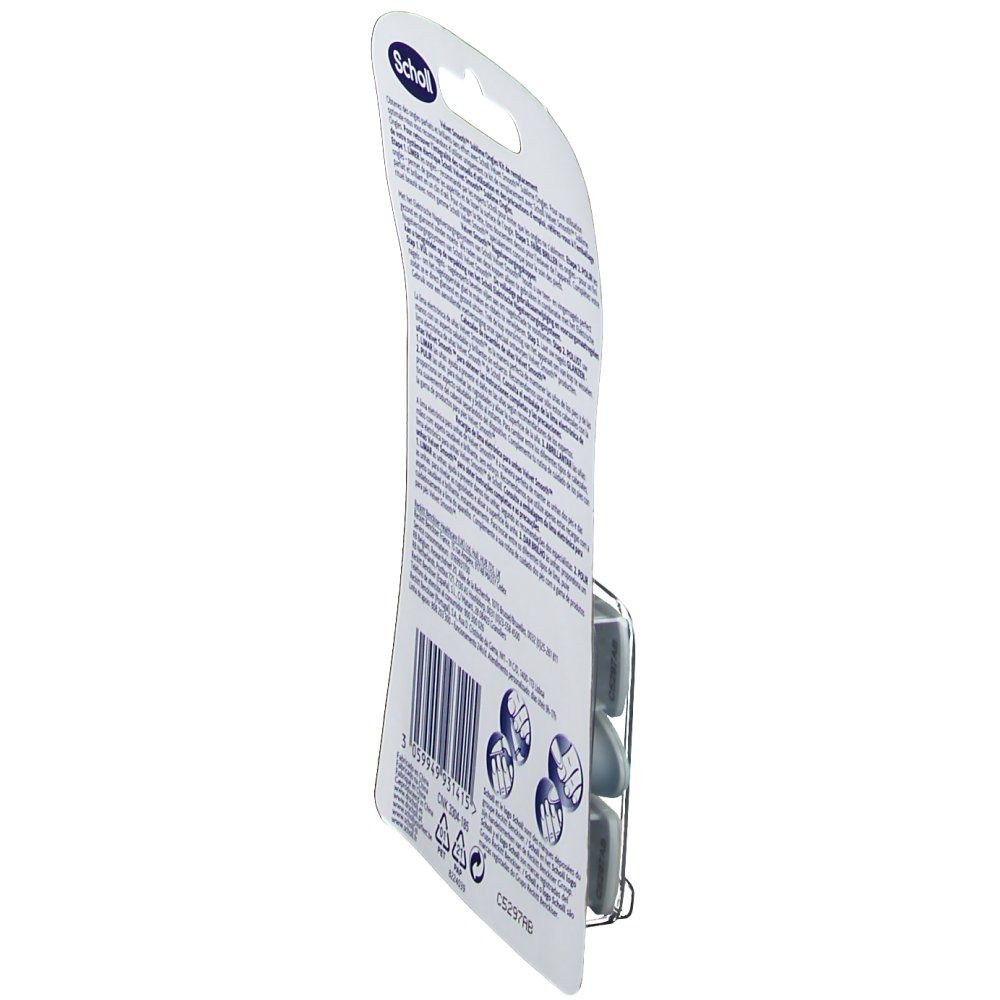 Vue latérale de l'emballage Scholl Velvet Smooth. Texte et logos au dos. Trois symboles d'utilisation.