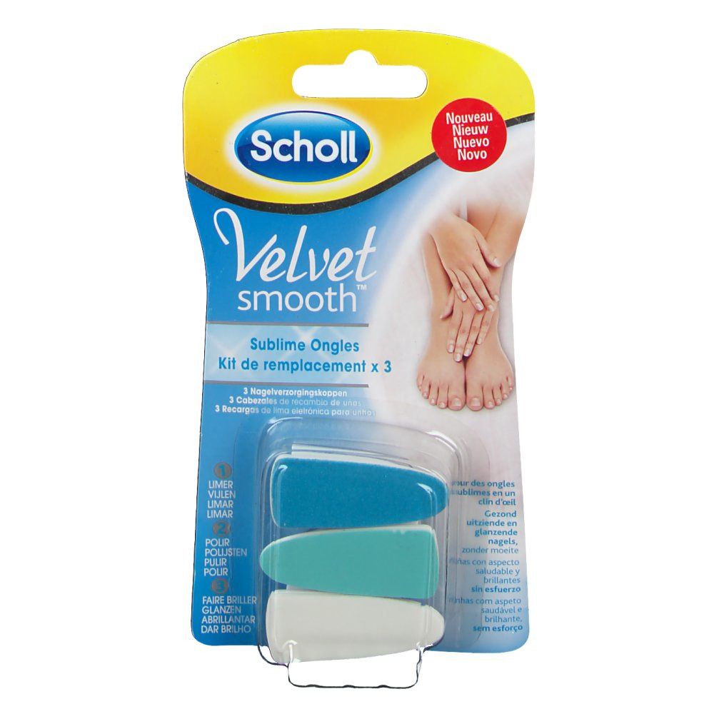 Kit de remplacement Scholl Velvet Smooth. Trois têtes bleues, turquoise et blanches. Emballage avec nom du produit et illustration.