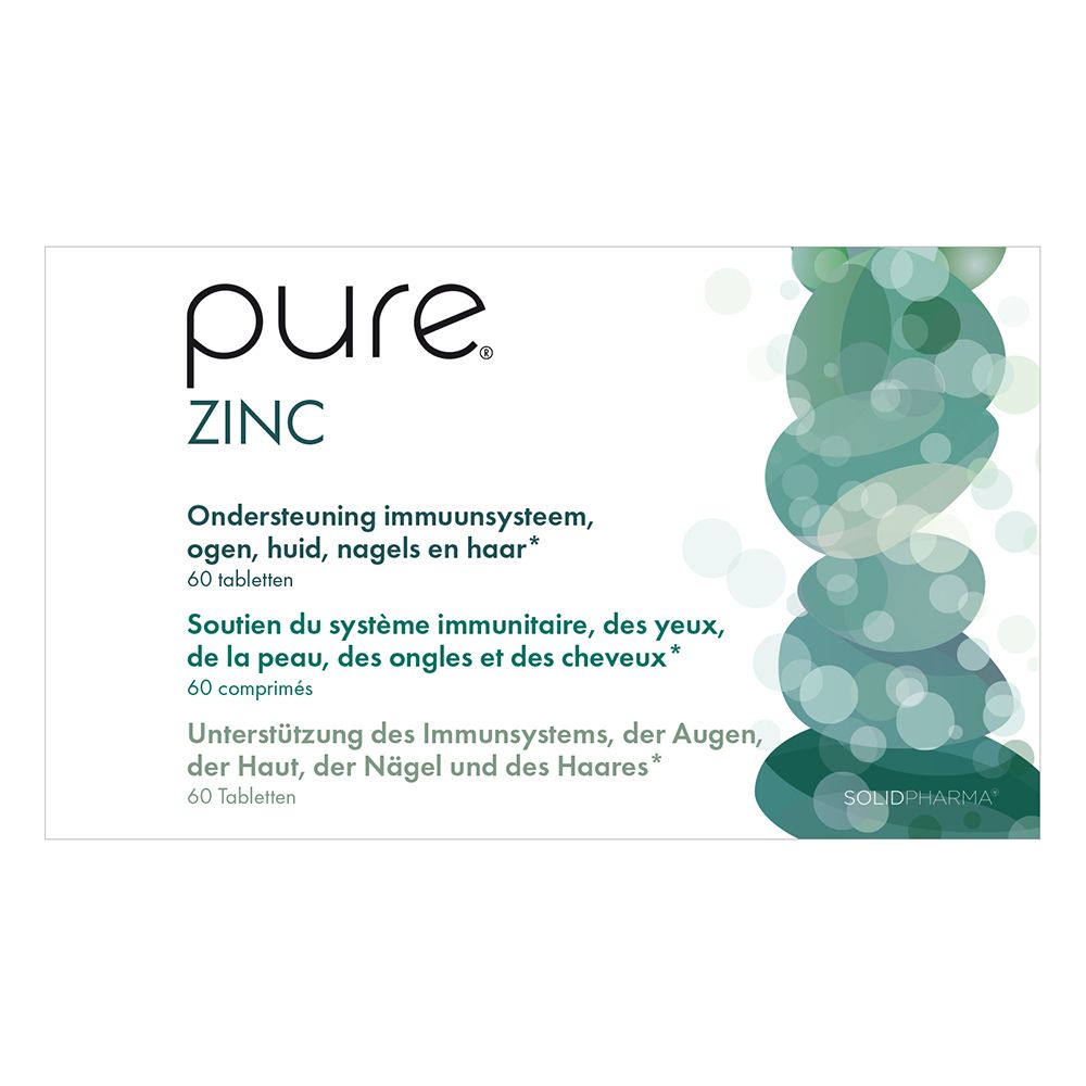 Dos de l'emballage "pure ZINC". Texte en néerlandais, français et allemand. 60 comprimés.