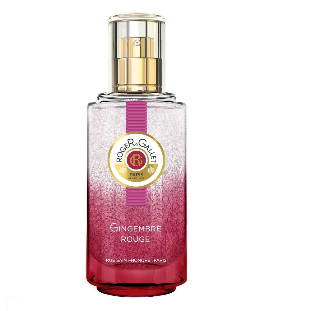 Parfümflakon mit Sprühkopf. Rosa-roter Farbverlauf. Aufschrift: Roger & Gallet, Gingembre Rouge, Rue Saint-Honoré Paris.