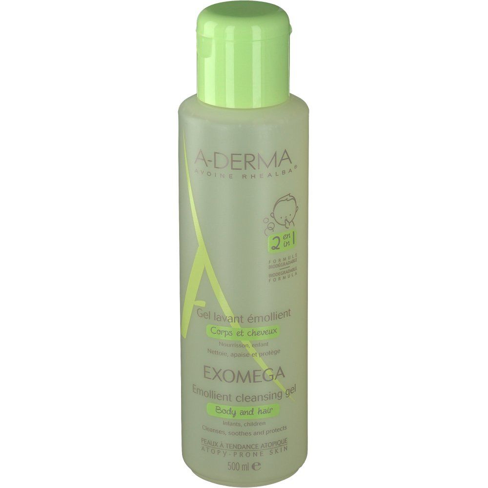 Gel lavant émollient A-DERMA Exomega 2 en 1. Flacon avec bouchon vert. Inscription: EXOMEGA, 2 en 1, corps et cheveux.