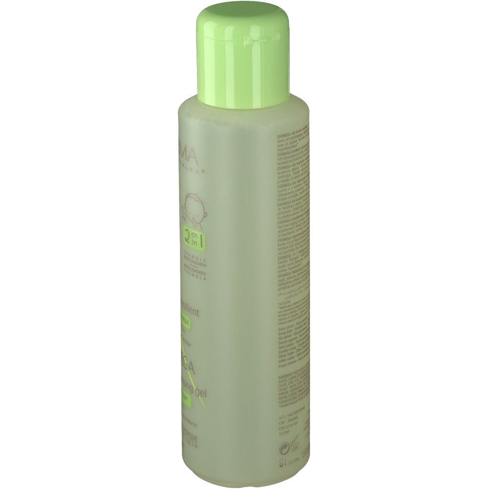 A-DERMA Exomega gel lavant. Flacon avec bouchon vert. Dos avec texte. 2 en 1, corps et cheveux.