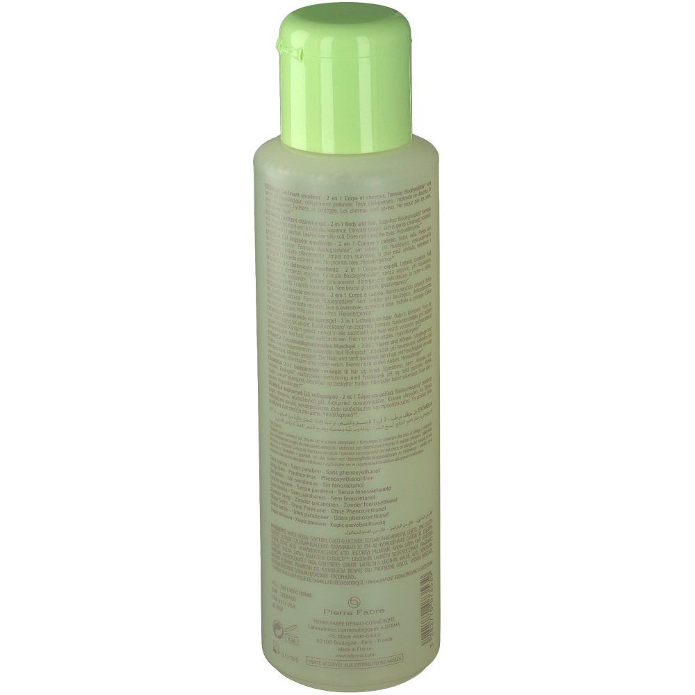 A-DERMA Exomega gel lavant. Flacon avec bouchon vert. Dos avec texte. 2 en 1, corps et cheveux.
