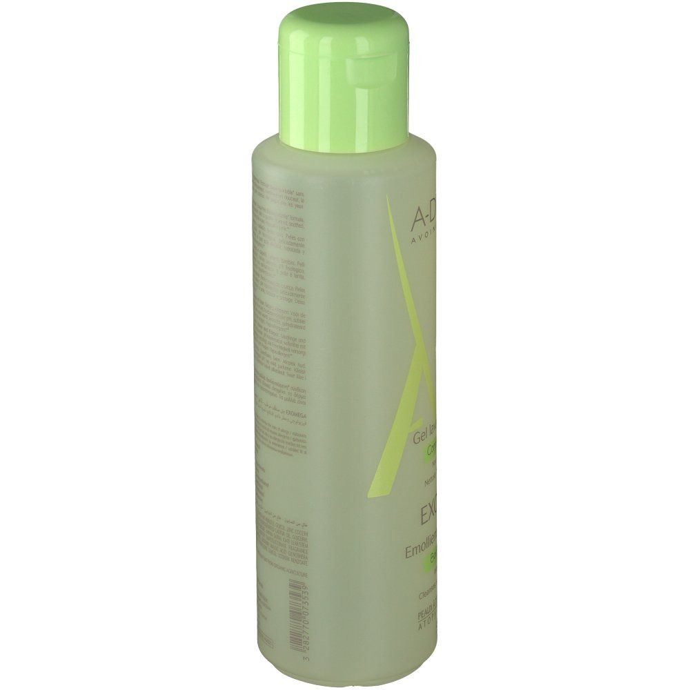 A-DERMA Exomega gel lavant. Flacon avec bouchon vert. Inscription: EXOMEGA, 2 en 1, corps et cheveux.
