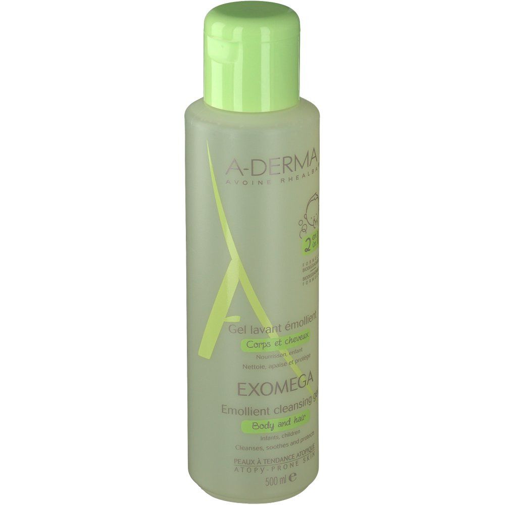 Gel lavant émollient A-DERMA Exomega 2 en 1. Flacon avec bouchon vert. Inscription: EXOMEGA, 2 en 1, corps et cheveux.