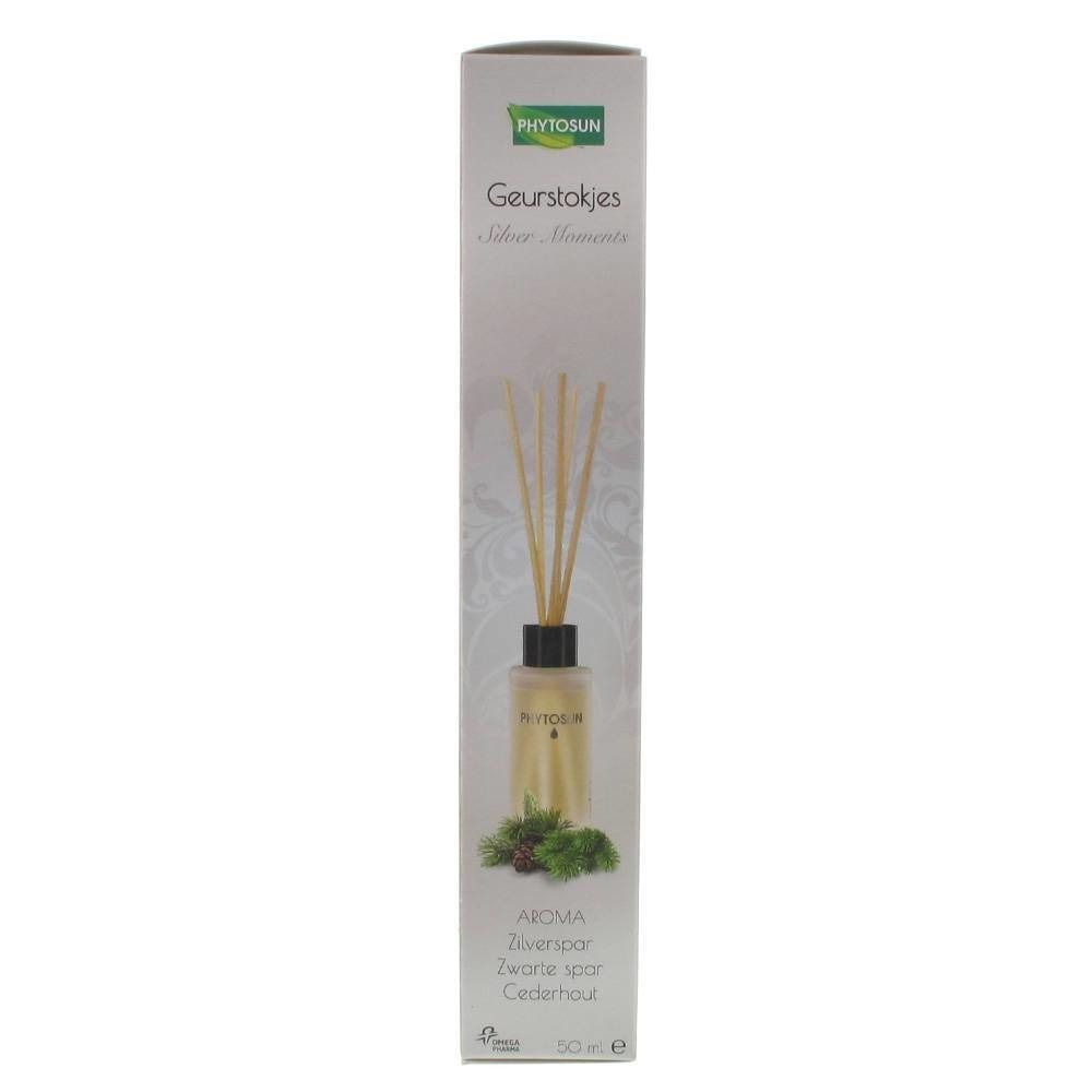 Aromasticks in einer rechteckigen Verpackung. Aufschrift: Phytosun, Geurstokjes, Aroma, Zilverspar, Zwarte spar, Cederhout.