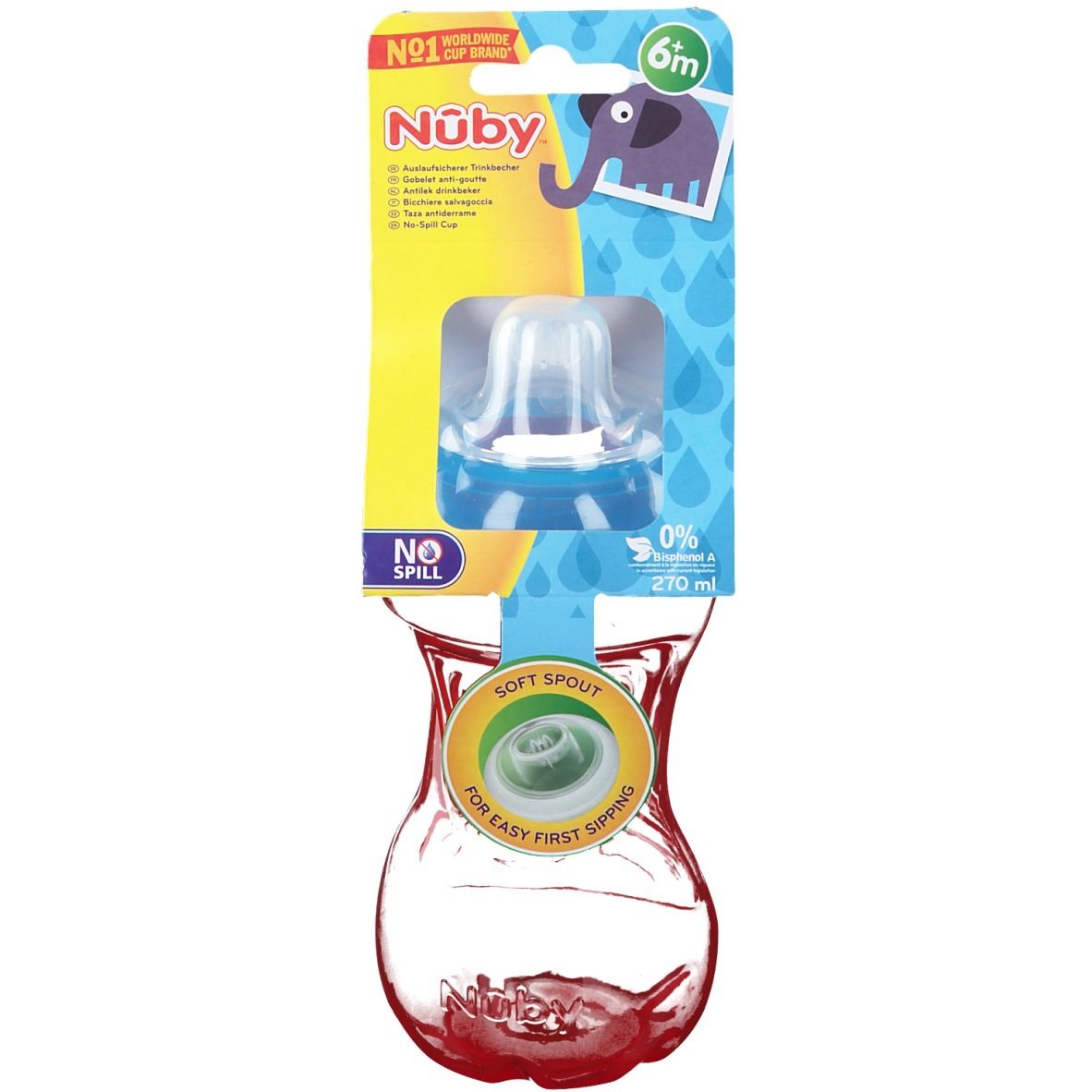 Gobelet Nuby Easy Grip avec couvercle bleu et bec souple. Emballage avec motif de gouttes et informations produit.