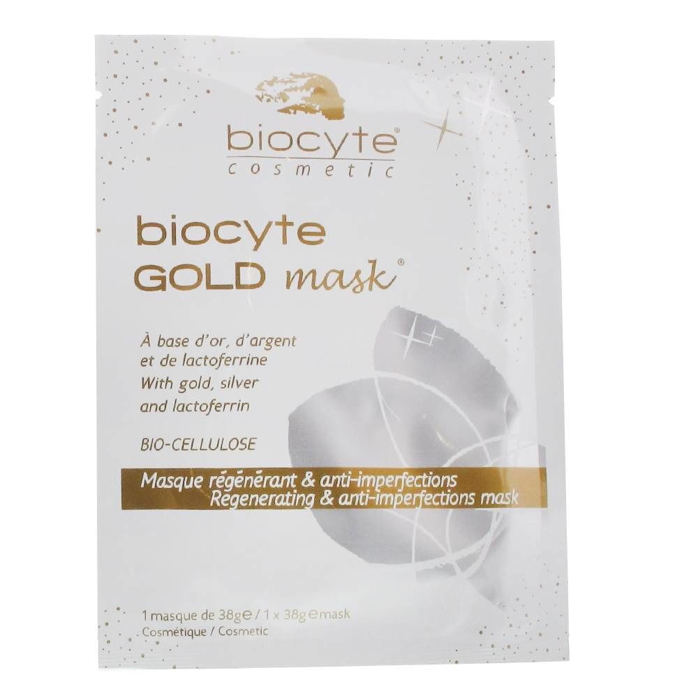 Biocyte Gold Mask-Verpackung. Weißes Sachet mit Produktnamen und Inhaltsangaben. Goldfarbenes Logo und Schrift.