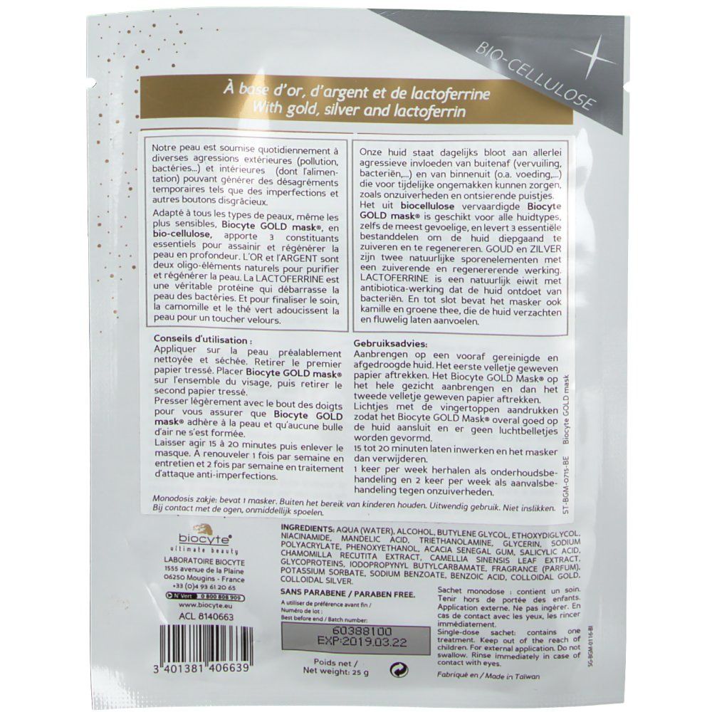 Rückseite der Biocyte Gold Mask-Verpackung. Text in mehreren Sprachen. Goldfarbener Hintergrund. Inhaltsstoffe und Anweisungen.