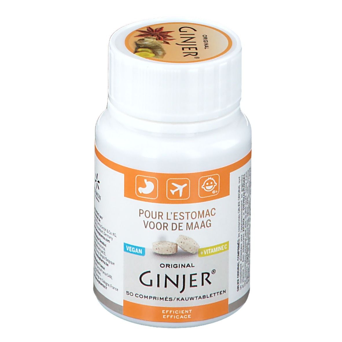 Flacon blanc de comprimés. Inscription : GINJER Original. Texte : Pour l'estomac, Voor de Maag. Vegan. Vitamine C. 50 comprimés/Kautabletten.
