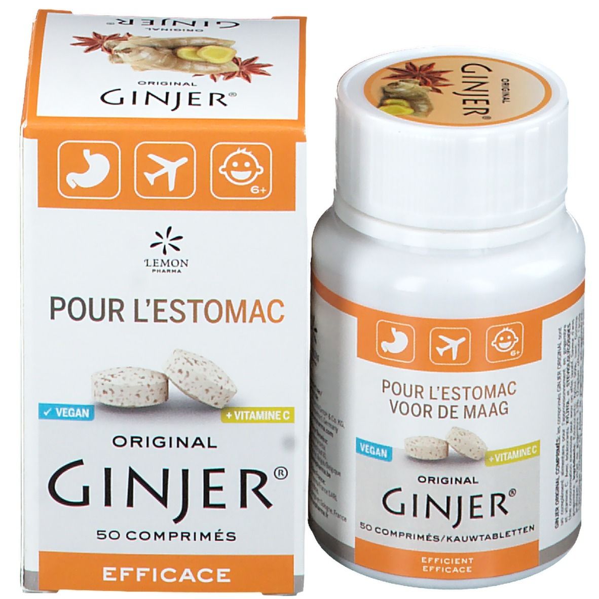 Emballage du produit avec flacon et boîte. Inscription : GINJER Original. Texte : Pour l'estomac, Voor de Maag. Vegan. Vitamine C. 50 comprimés/Kautabletten.