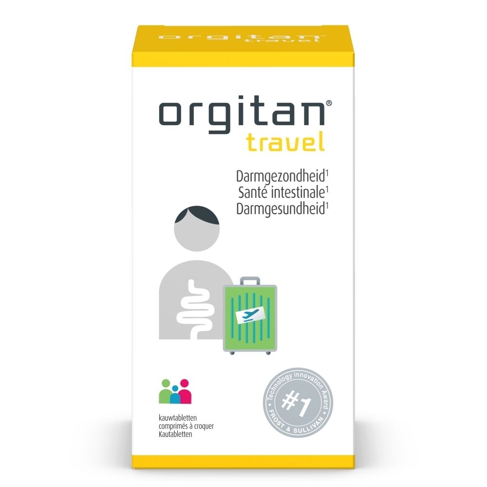 Emballage blanc avec couvercle jaune. Inscription : orgitan® travel. Illustration de valise verte. Autocollant : #1. Inscription : b-pharma.
