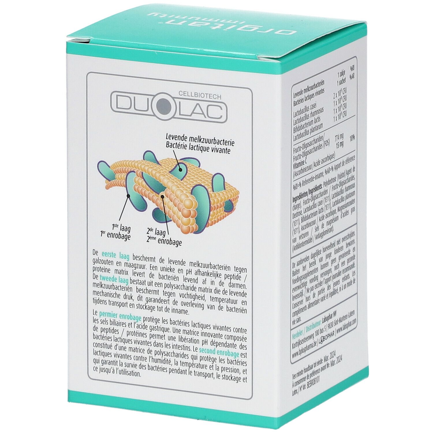 Côté de la boîte orgitan® immunity. Illustration des bactéries lactiques vivantes. Texte en néerlandais. Marque: DUOLAC CELLBIOTECH.