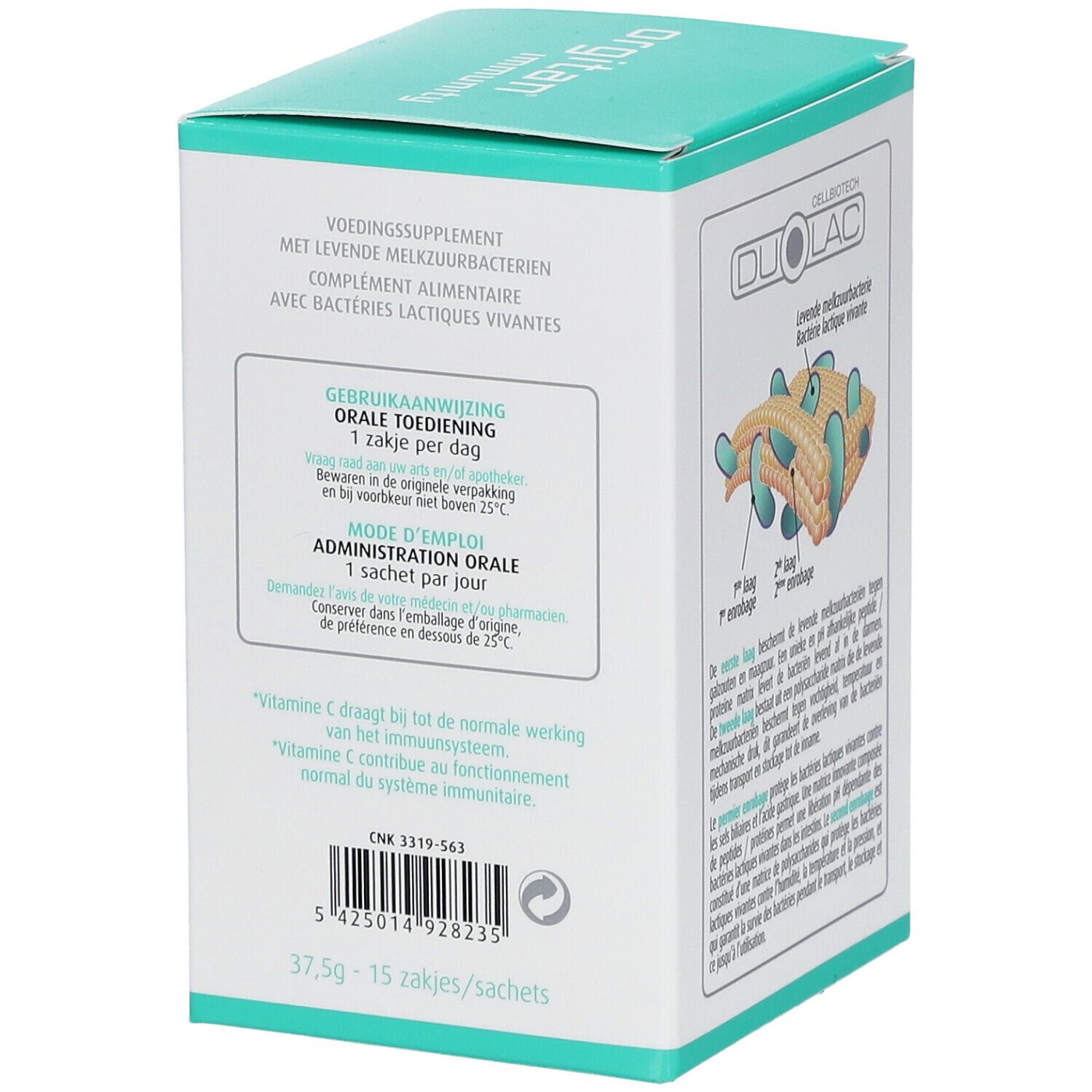 Côté de la boîte orgitan® immunity. Mode d'emploi, ingrédients et informations fabricant. Texte en néerlandais.