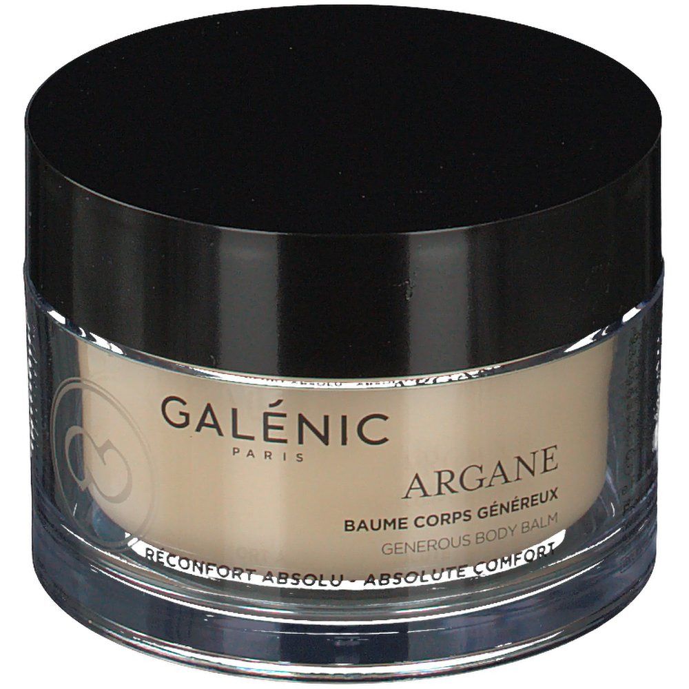 Pot rond avec couvercle noir. Inscription: Galénic Paris, Argane, Baume Corps Généreux, Reconfrot Absolu.