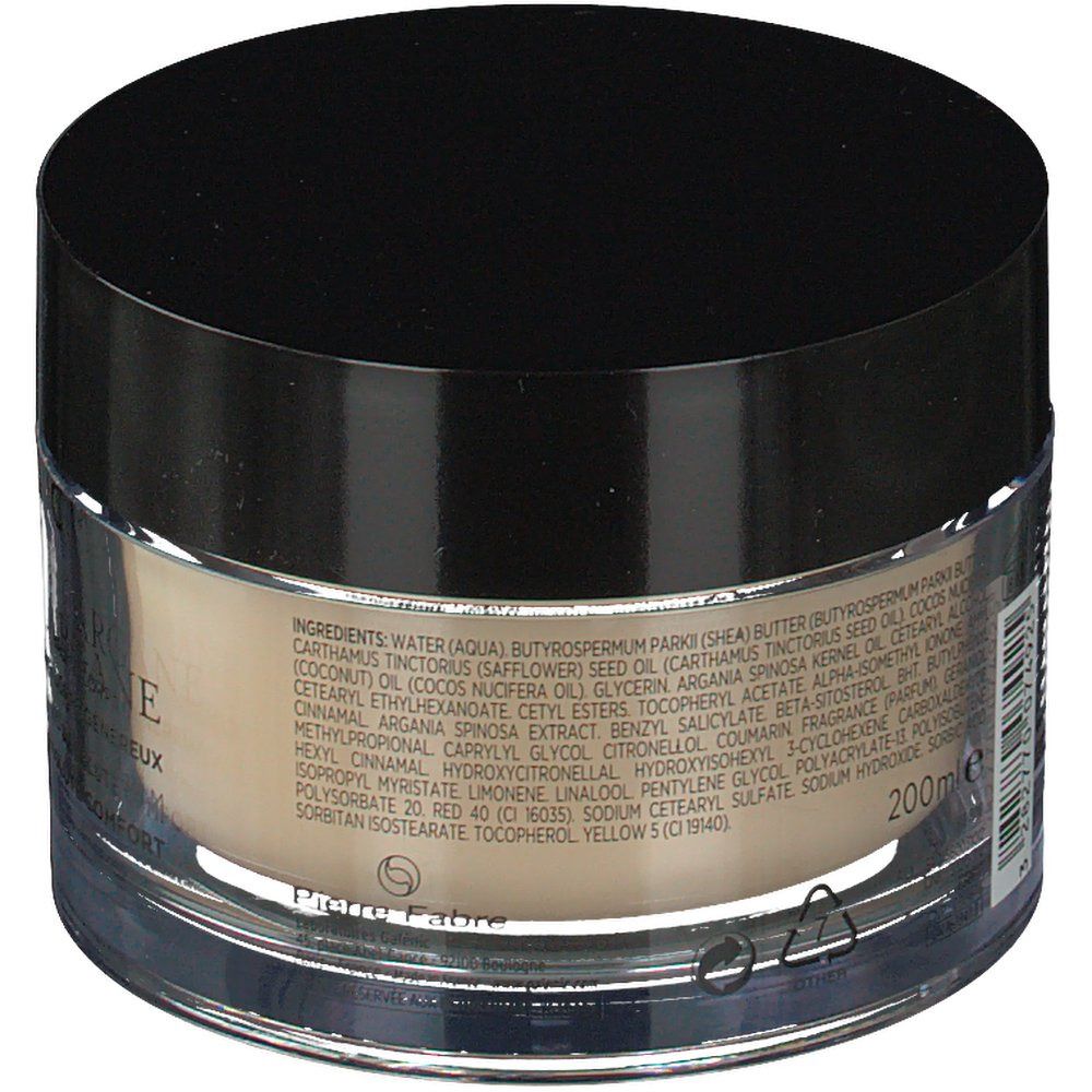 Dos du pot. Inscription: Ingrédients, 200ml. Couvercle noir, contenant transparent.