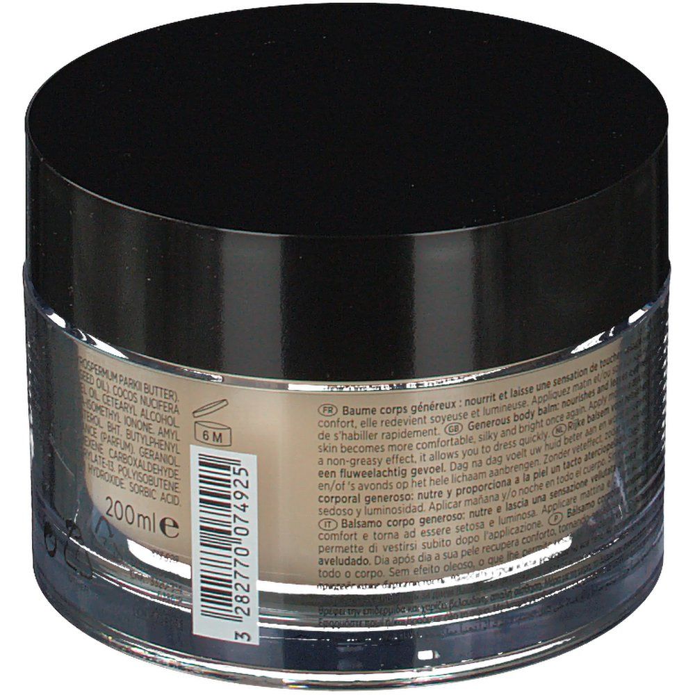 Pot vu de dos. Inscription: 200ml, 6M. Couvercle noir, contenant transparent.