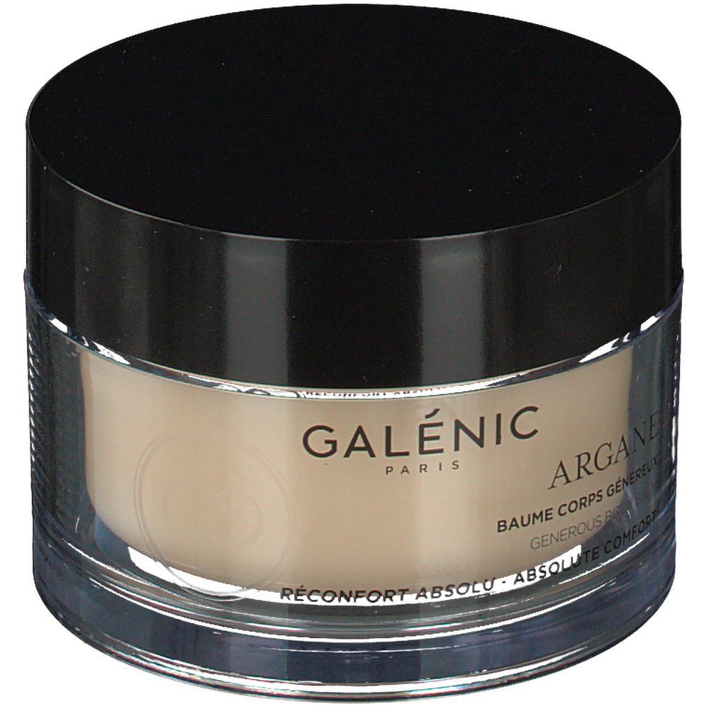 Pot rond avec couvercle noir. Inscription: Galénic Paris, Argane, Baume Corps Généreux, Reconfrot Absolu.
