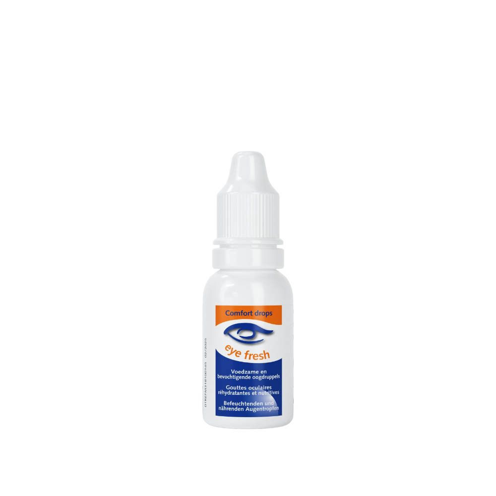 Weiße Augentropfen-Flasche mit orangefarbenem Etikett. Aufschrift: eye fresh, Comfort drops. 15 ml.