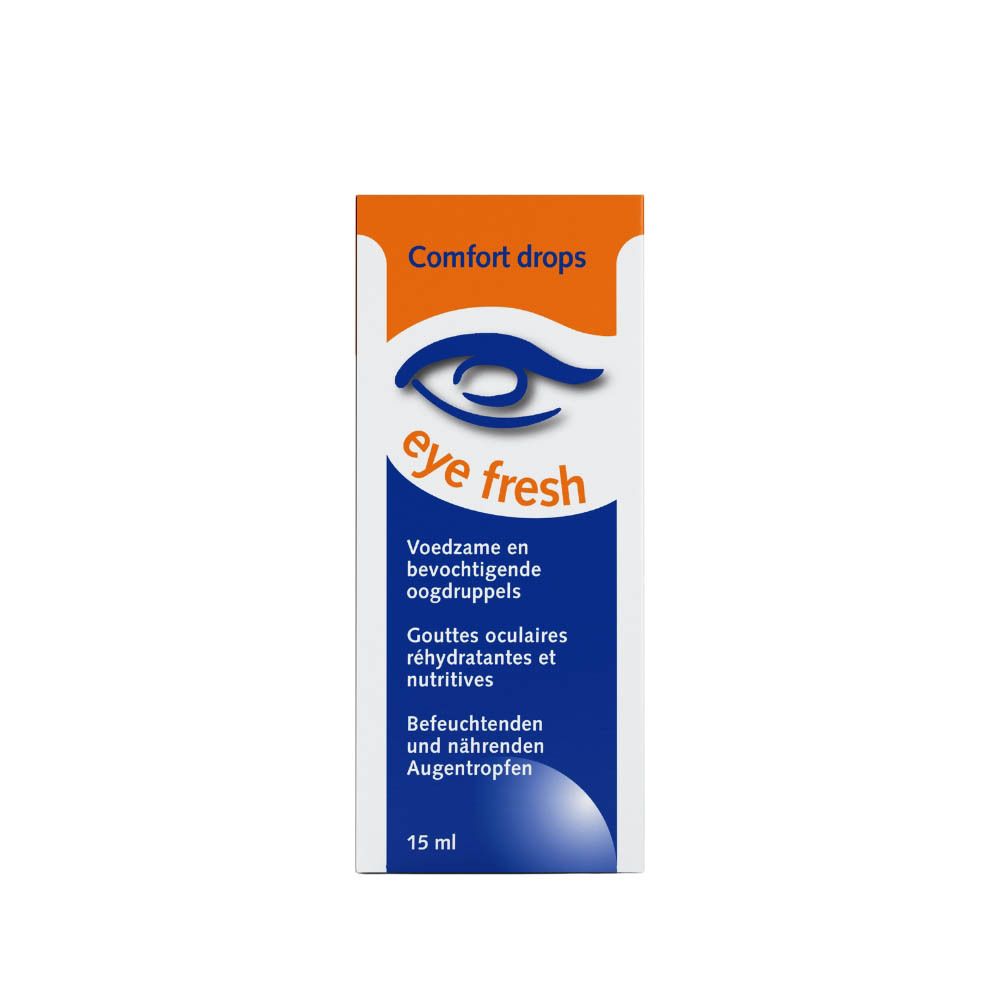 Boîte de gouttes oculaires. Inscription: eye fresh, Comfort drops. 15 ml. Emballage.