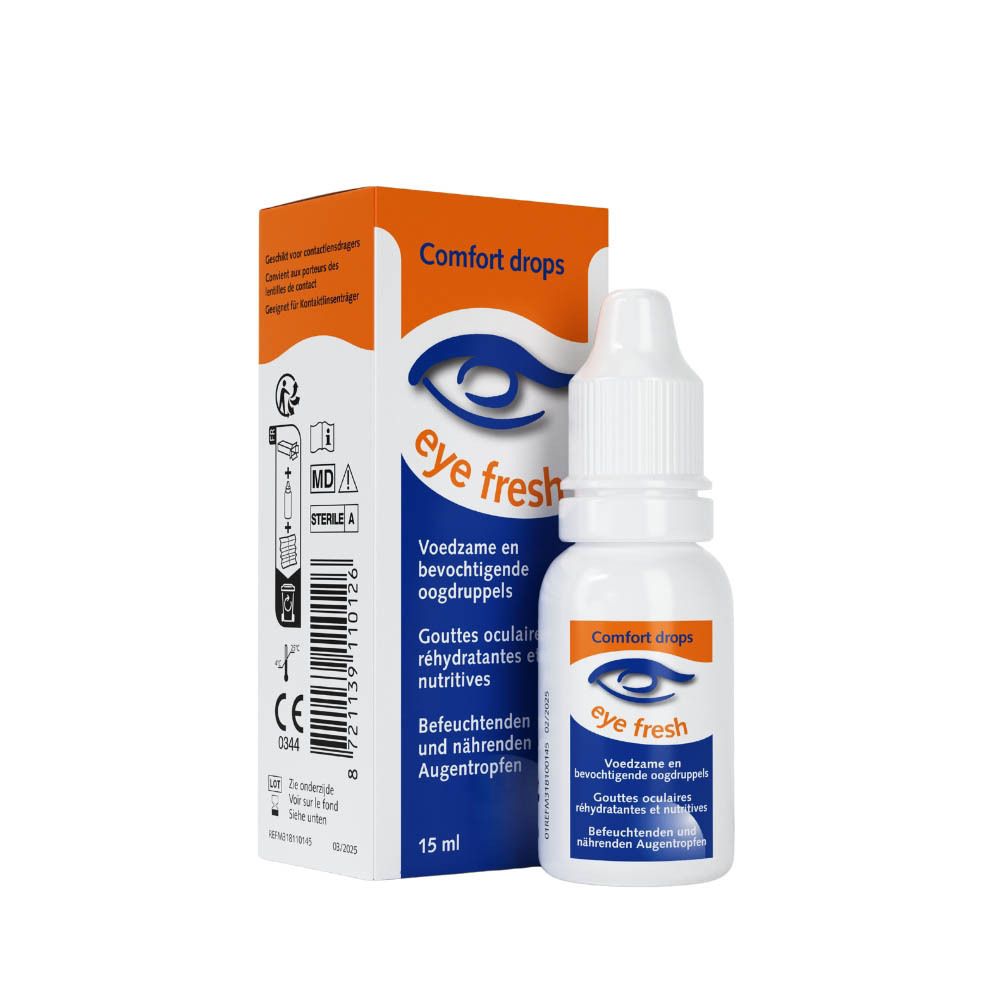 Augentropfen-Flasche und Schachtel. Aufschrift: eye fresh, Comfort drops. 15 ml. Verpackung.