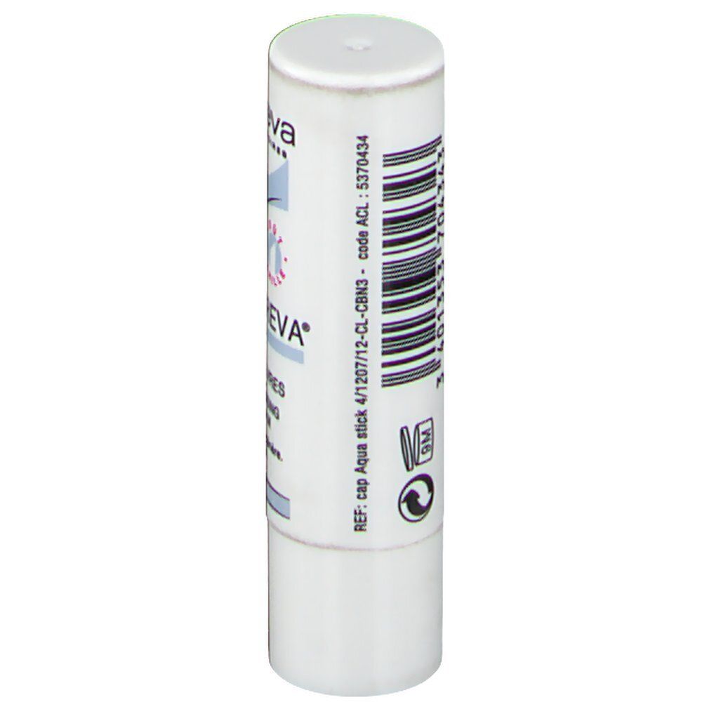 Weißer Stick mit blauem und rosa Logo. Beschriftung: 'EVA', 'Aqua stick'. Barcode und 9M-Symbol sichtbar.
