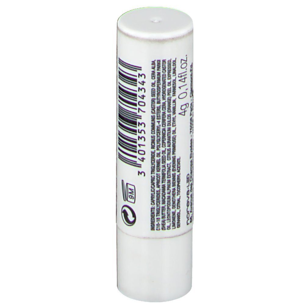 Weißer Lippenbalsam-Stift mit schwarzem Barcode und Produktinformationen.