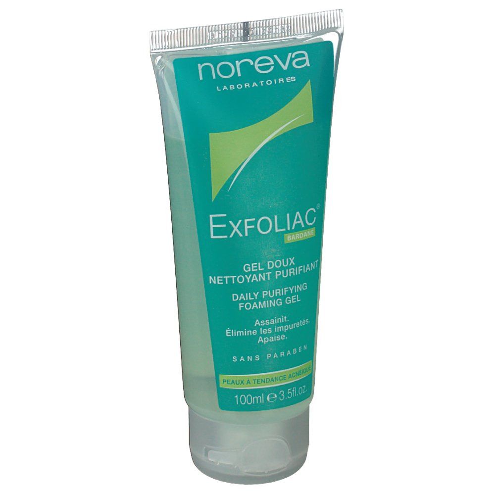 Transparente Tube mit grünem Gel. Aufschrift: Exfoliac, Gel doux nettoyant purifiant, sans paraben. Marke: Noreva.