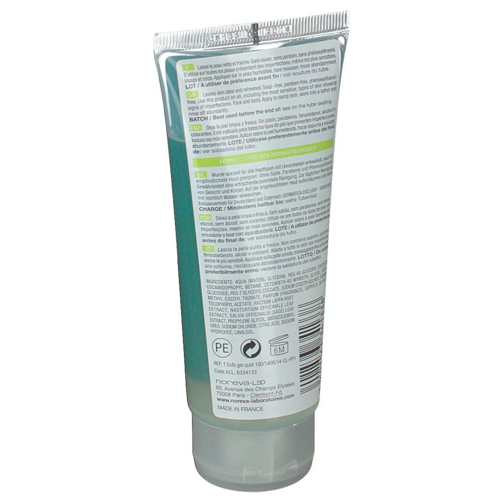 Rückseite einer Tube mit grünem Gel. Text in mehreren Sprachen. Enthält Informationen zu Inhaltsstoffen und Hersteller.