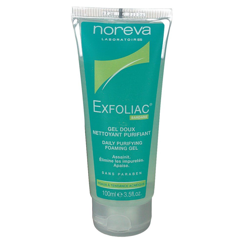 Transparente Tube mit grünem Gel. Aufschrift: Exfoliac, Gel doux nettoyant purifiant, sans paraben. Marke: Noreva.