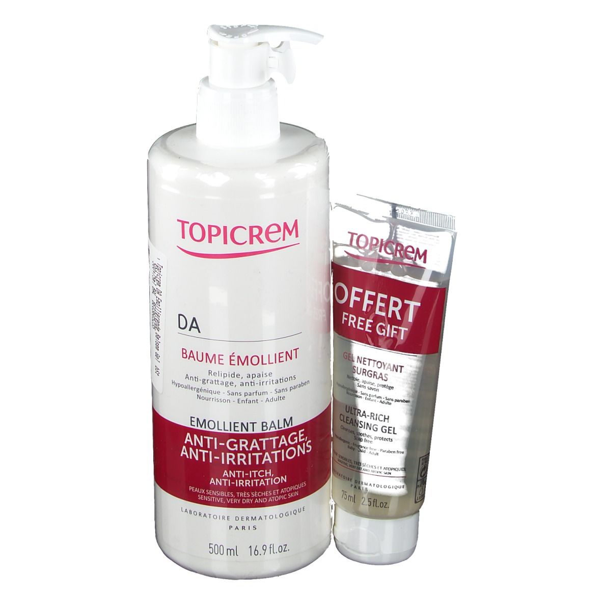 Große weiße Flasche und kleine Tube. Auf der Flasche steht TOPICREM DA, Baume Émollient. Auf der Tube steht OFFERT.