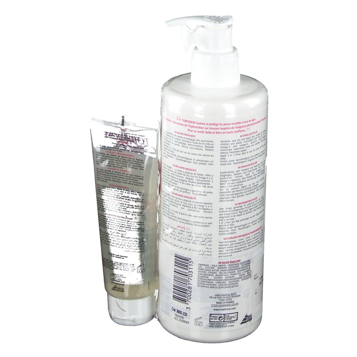 Rückansicht von Flasche und Tube. Flasche mit Text. Tube mit Text.