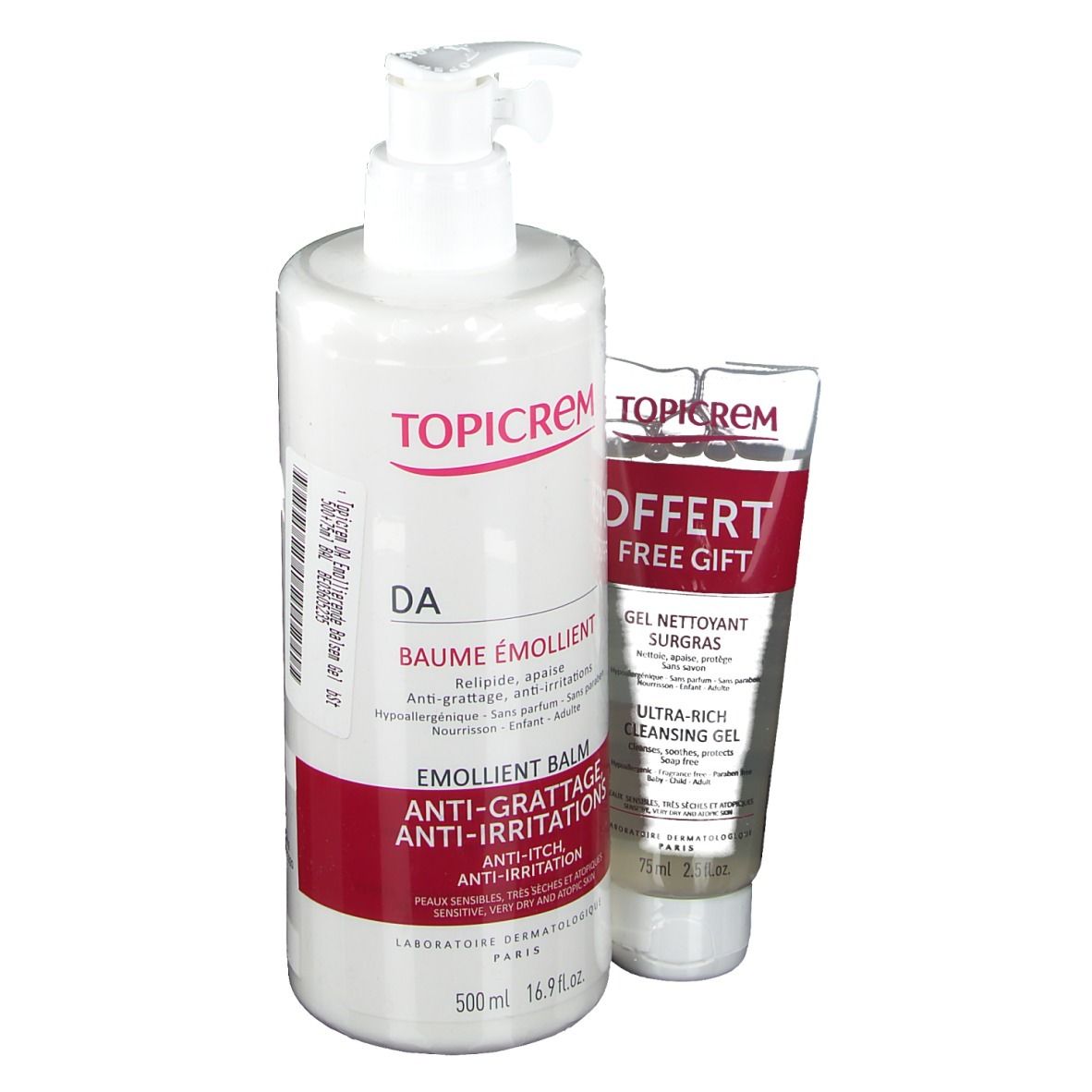 Große weiße Flasche und kleine Tube. Auf der Flasche steht TOPICREM DA, Baume Émollient. Auf der Tube steht OFFERT.