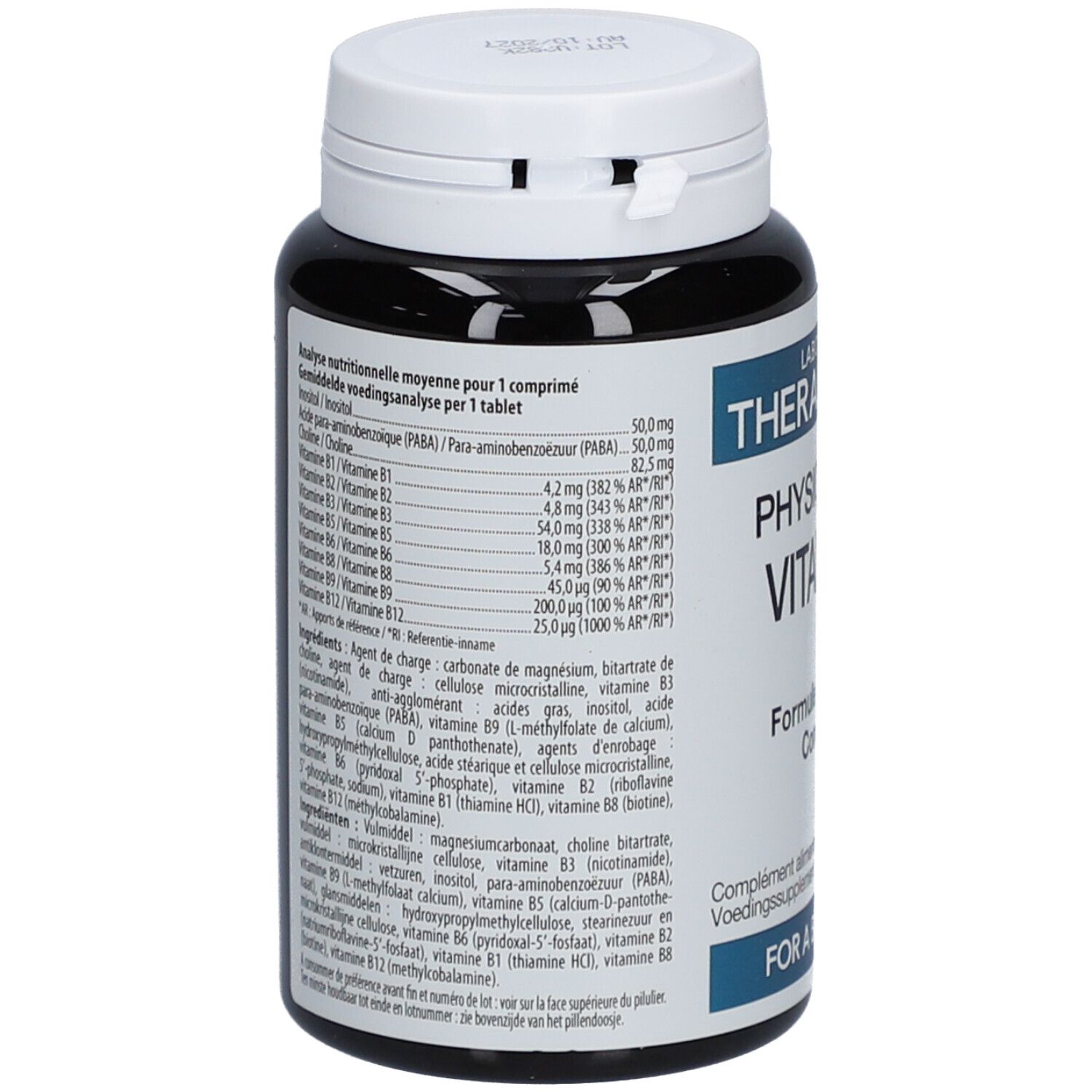 Rückseite der Flasche. Enthält Informationen zu Nährwertanalyse, Inhaltsstoffen und Inhaltsstoffen. Schwarze Flasche mit weißem Deckel.