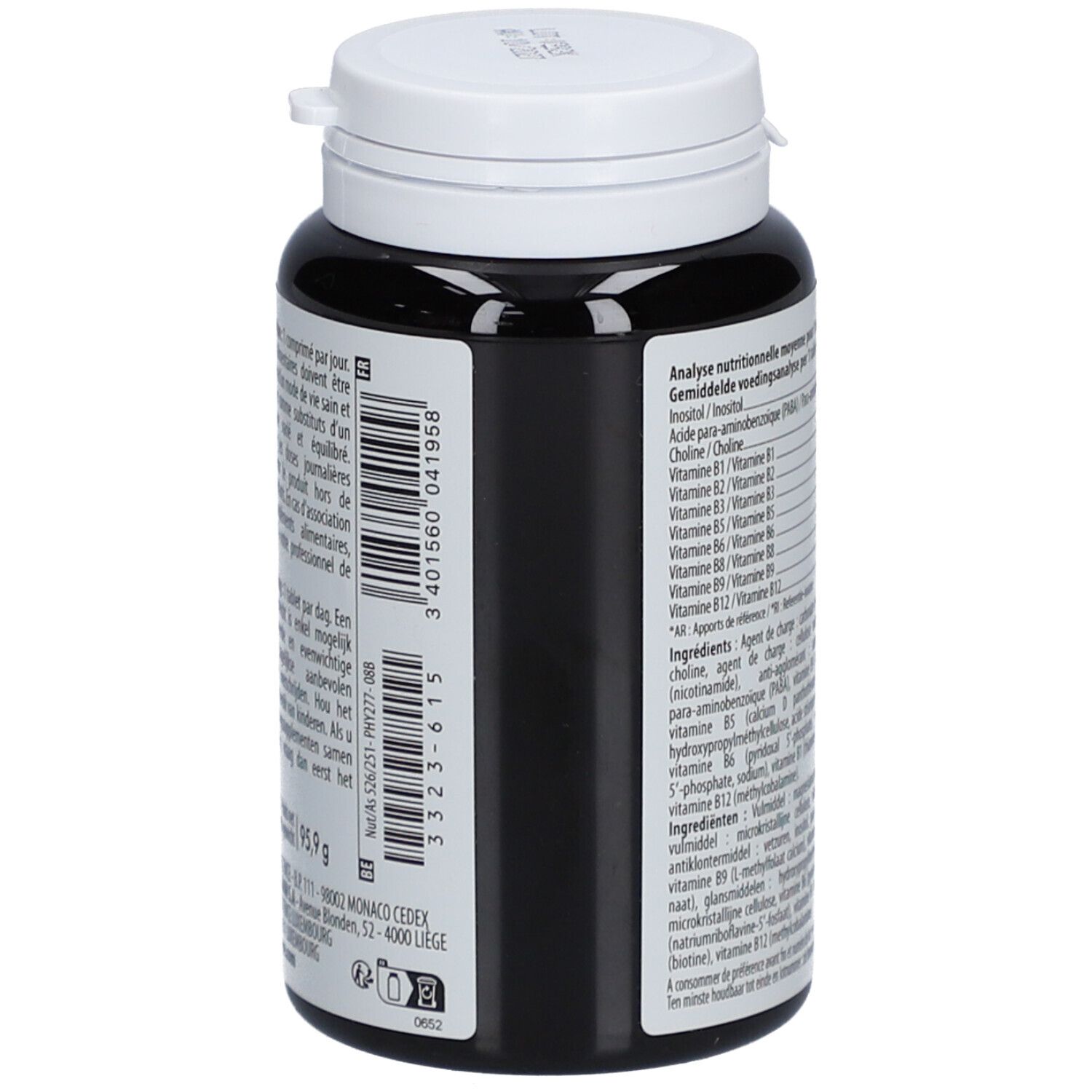 Rückseite der Flasche. Barcode und Informationen. Schwarze Flasche mit weißem Deckel. Enthält Informationen zu Nährwertanalyse, Inhaltsstoffen.