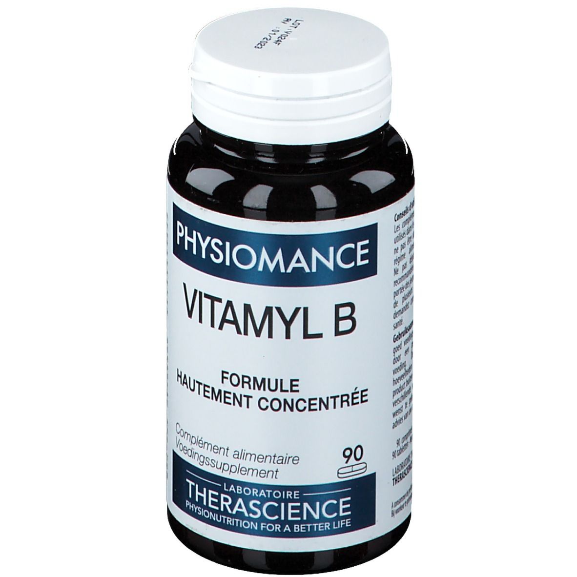 Dunkle Flasche mit weißem Deckel. Aufschrift: Physiomance Vitamyl B, Formule hautement concentrée. 90 Tabletten. Für ein besseres Leben.