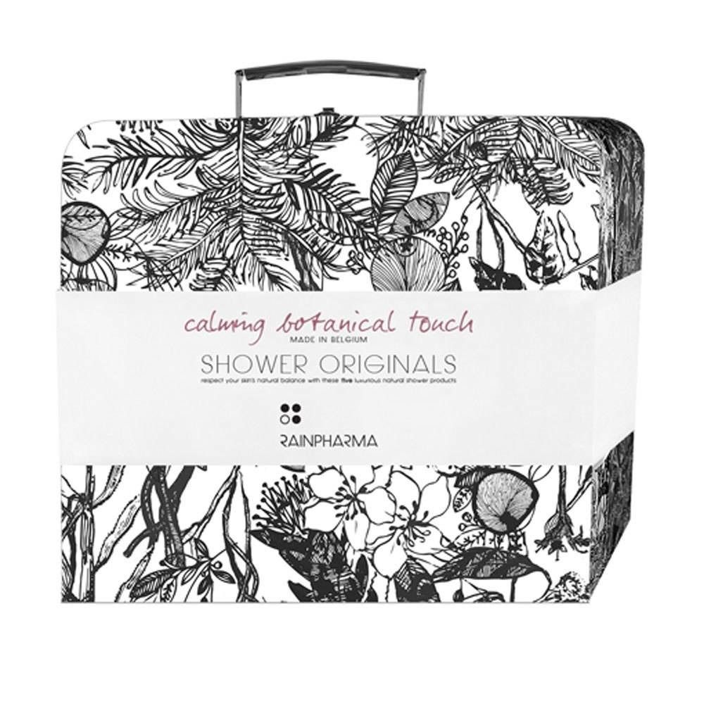 Trousse avec motif floral. Texte : "calming botanical touch", "SHOWER ORIGINALS", "RAINPHARMA".