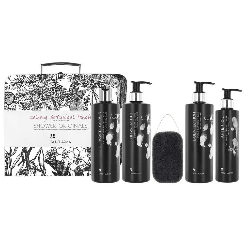 Ensemble avec trousse, gel douche, gommage, lotion pour le corps, huile après-douche et éponge. Flacons noirs.