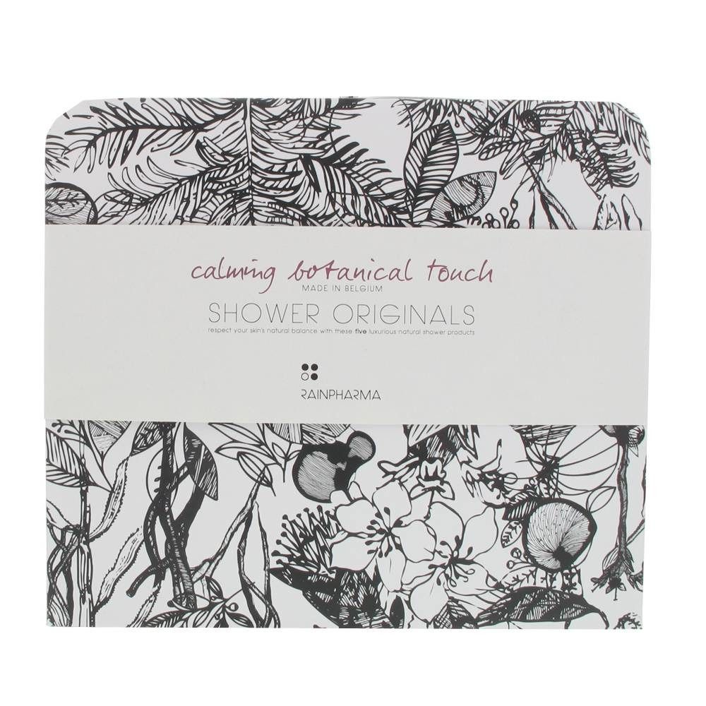 Trousse avec motif floral. Texte : "calming botanical touch", "SHOWER ORIGINALS", "RAINPHARMA".