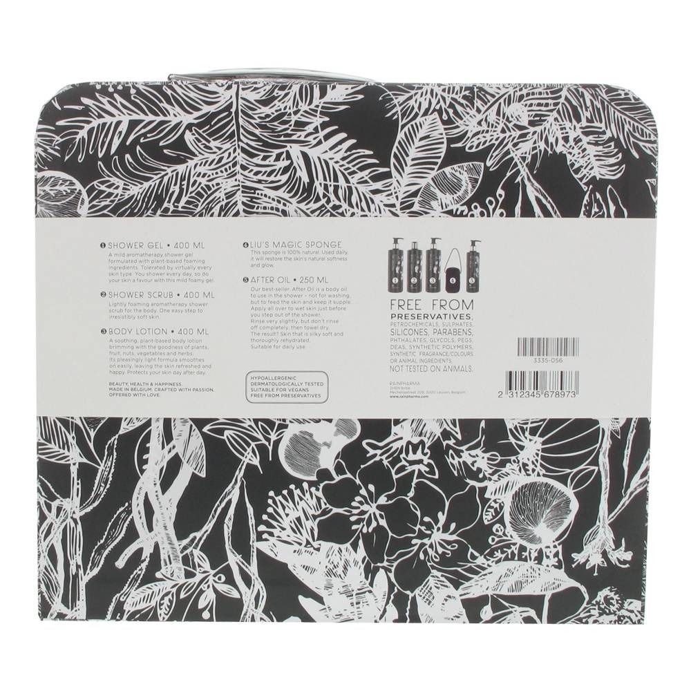 Dos de la trousse avec informations sur le produit et motif floral. Texte : "FREE FROM PRESERVATIVES".