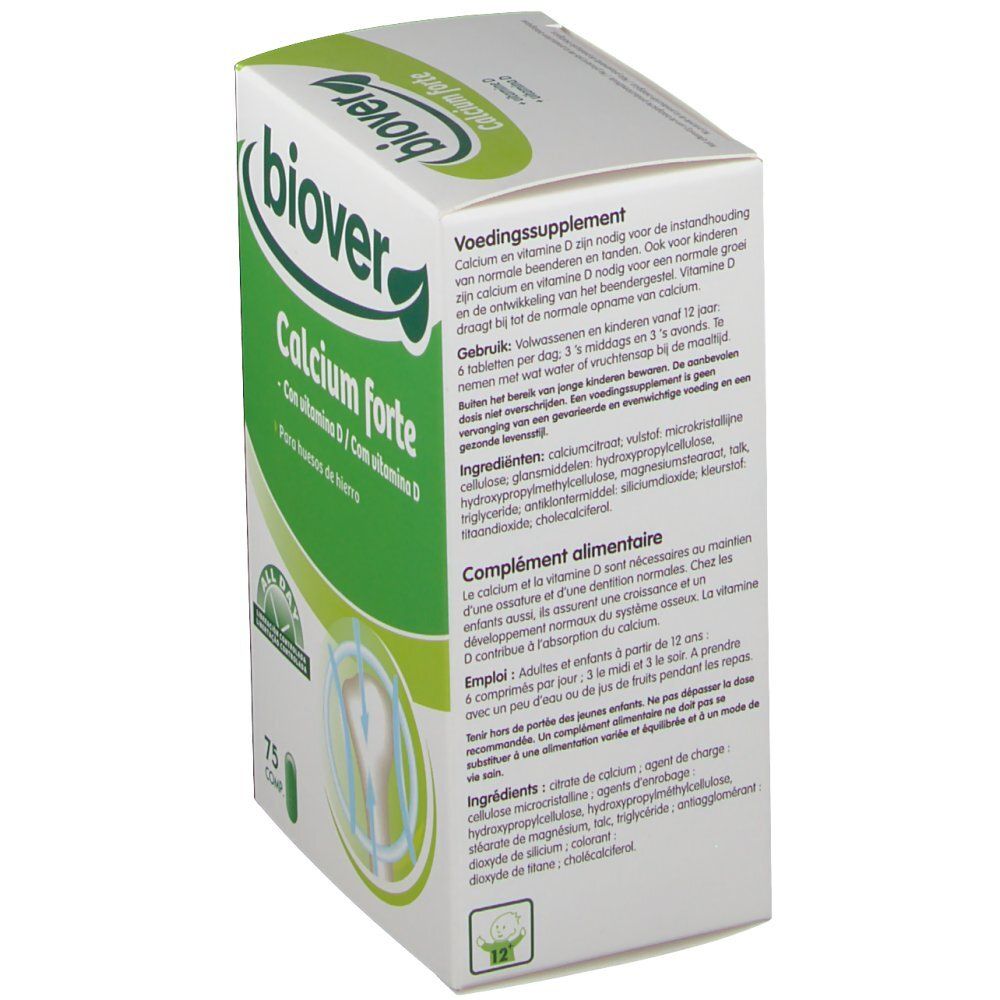 Rückseite der Biover Calcium Forte Packung. Enthält Informationen zu Inhaltsstoffen und Anwendung.