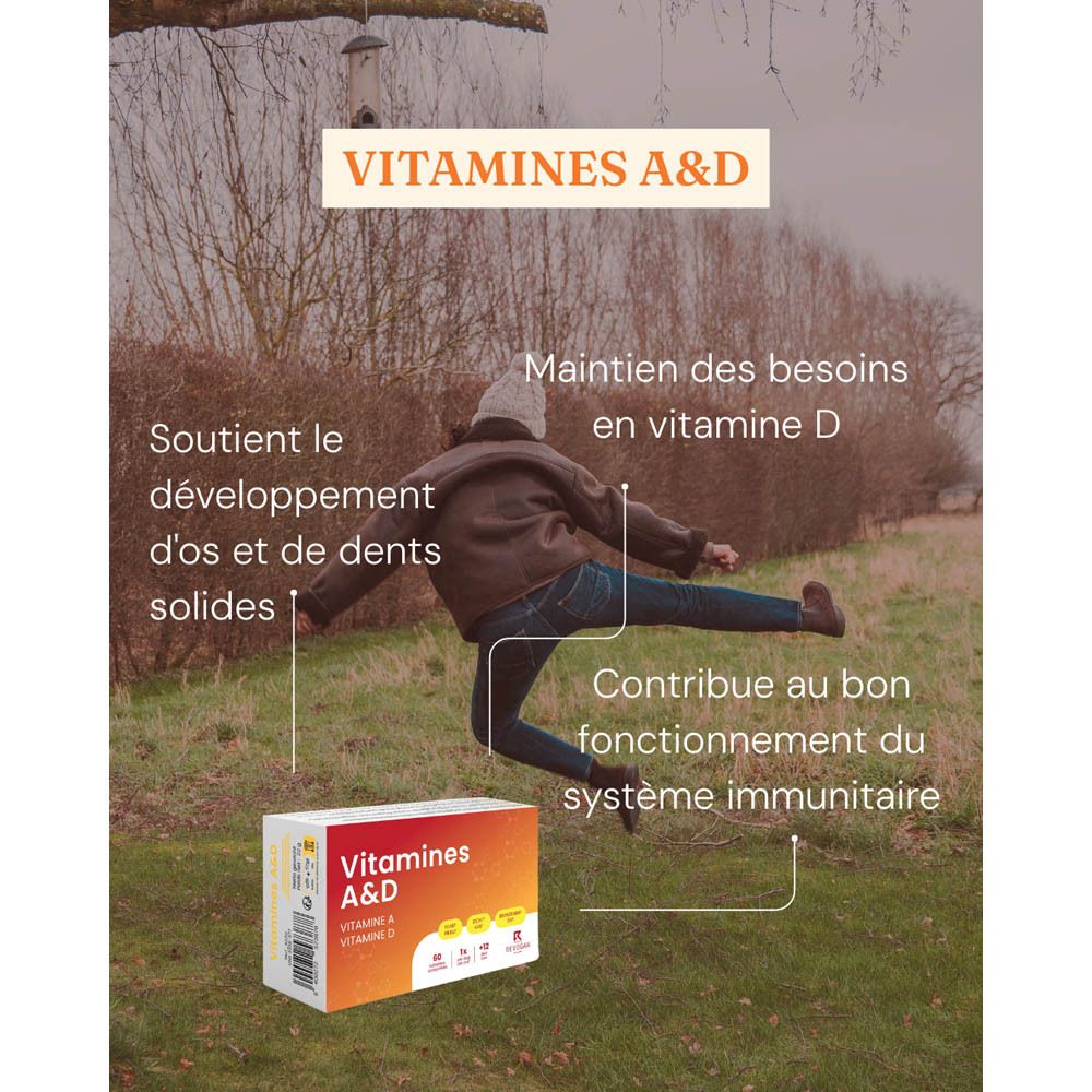 Image avec texte sur les bienfaits des Vitamines A&D. Boîte en arrière-plan.