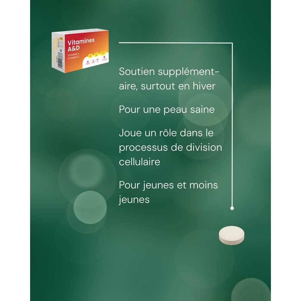 Image avec texte sur les bienfaits des Vitamines A&D. Comprimé illustré.