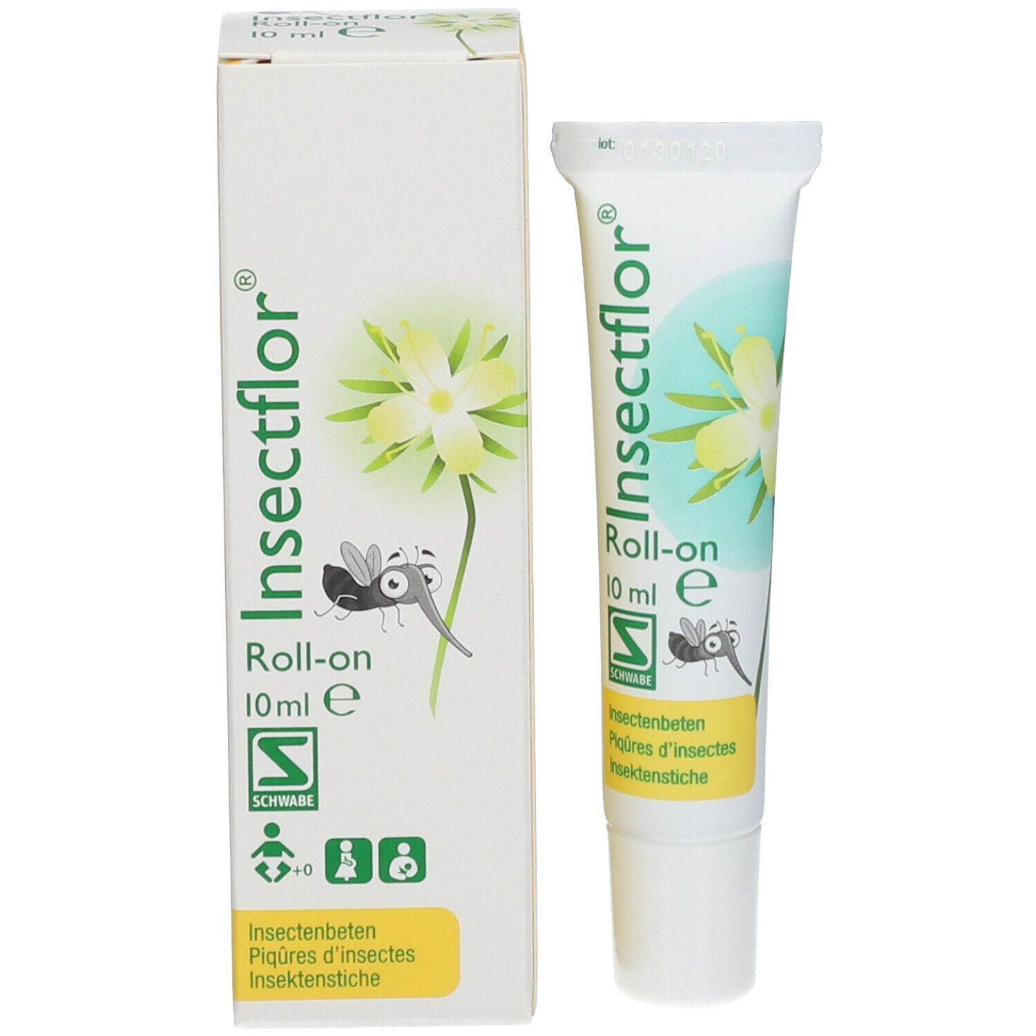 Schachtel und Tube. Aufschrift: Insectflor, Roll-on, 10 ml. Abbildung einer Blüte und eines Insekts. Logo.
