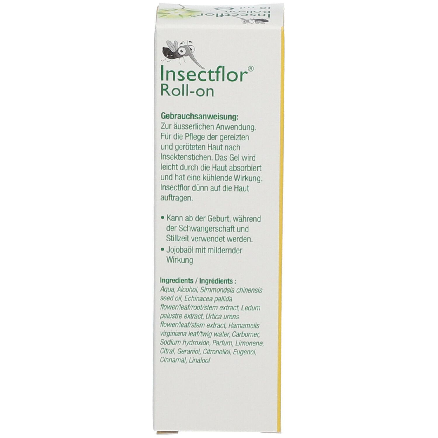 Schachtel, gelb. Aufschrift: Insectflor, Roll-on. Gebrauchsanweisung in deutscher Sprache. Inhaltsstoffe.