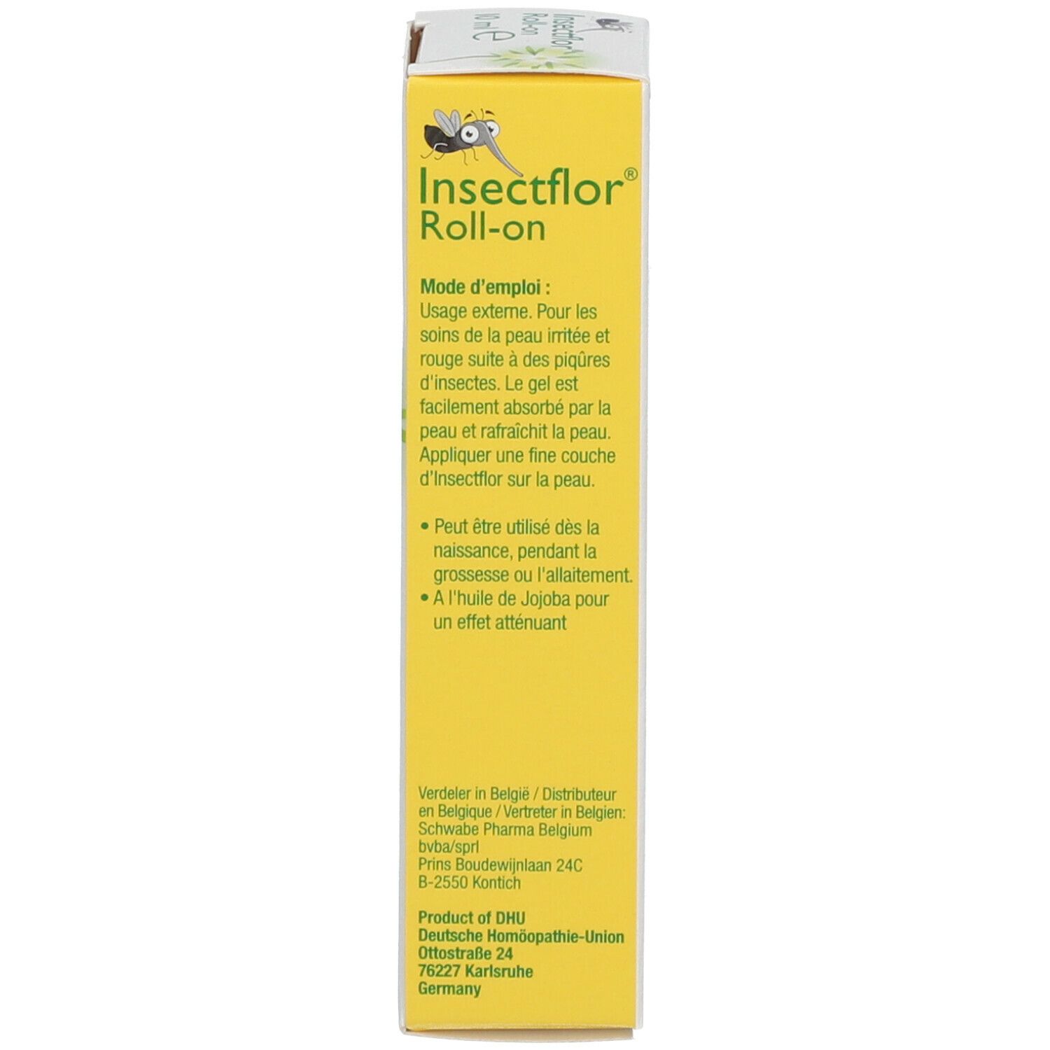 Schachtel, gelb. Aufschrift: Insectflor, Roll-on. Gebrauchsanweisung in französischer Sprache.