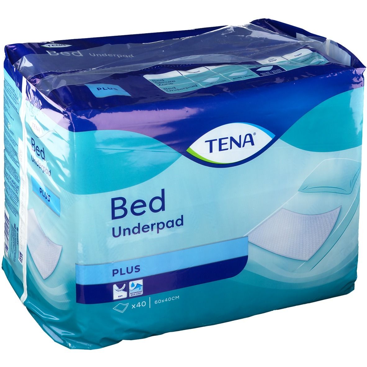 Emballage TENA Bed Underpad Plus. Emballage bleu avec nom et logo du produit. Taille 40x60cm.