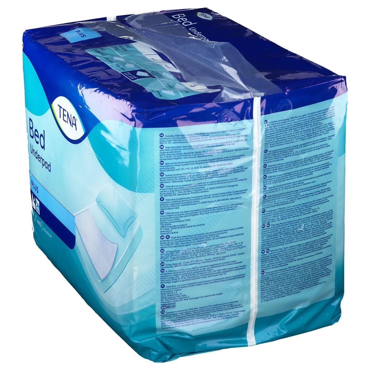 Emballage TENA Bed Underpad Plus. Emballage bleu avec nom et logo du produit. Texte multilingue.