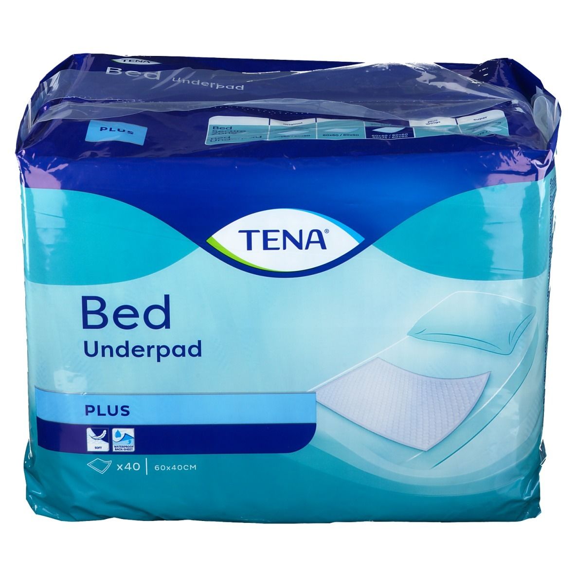 Emballage TENA Bed Underpad Plus. Emballage bleu avec nom et logo du produit. Taille 40x60cm.